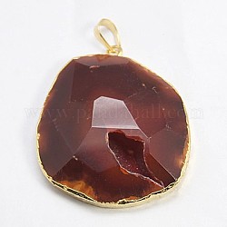Natural Agate Slices Pendants, Dyed, with Brass Findings, Faceted, Golden, Coconut Brown, 52~66x25~47x11~13mm, Hole: 9x6mm