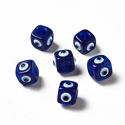 Cuentas europeas de mal de ojo de resina, cuenta con hueco grande, cubo, azul medio, 12.5x14~14.5x14~14.5mm, agujero: 6 mm
