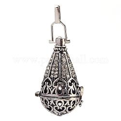 Rack Plating Brass Cage Pendants, For Chime Ball Pendant Necklaces Making, with Rhinestone, teardrop, Antique Silver, 43x27x22mm, Hole: 3x6mm, inner measure: 20mm