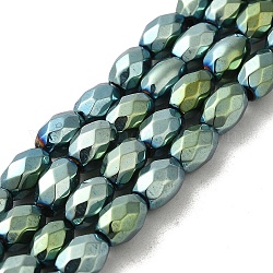 Brins de perles d'hématite synthétiques magnétiques fortes galvanisées, Plaqué longue durée, ovale à facettes, vert plaqué, 7~8x5~5.5mm, Trou: 1.4mm, Environ 50 pcs/chapelet, 15.35'' (39 cm)