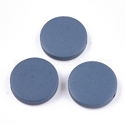Cuentas de madera natural pintada, plano y redondo, acero azul, 19~20x4~5mm, agujero: 2 mm