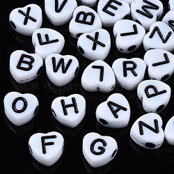 Perles acryliques opaques, cœur, blanc et noir, lettres mixtes aléatoires, 7x7x3mm, Trou: 1.8mm, environ 4129 pcs/500 g