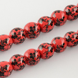 Printed Handmade Porcelain Beads, Round, Red, 10mm, Hole: 2mm