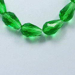 Abalorios de vidrio, facetados, lágrima, verde, 15x10mm, agujero: 2 mm, aproximamente 48 pcs / cadena, 27.56 pulgada (70 cm)