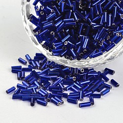 Tube perles rondes à trou rond doublé en verre d'argent, bleu, 3~5x1.8~2mm, Trou: 0.8mm, environ 1200 pcs/50 g