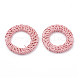 Handmade Spray Painted Reed Cane/Rattan Woven Linking Rings, For Making Straw Earrings and Necklaces,  Dyed, Pearlized Effect, Flamingo, 43~47x4~6mm, inner diameter: 22~28mm