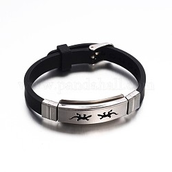 Bijoux bracelets de cordon en caoutchouc de couleur noire, avec accessoires en 304 acier inoxydable et les fermoirs de bande de montre, rectangle avec gecko, couleur inoxydable, 210x10mm