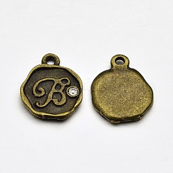 Antique Bronze Plated Alloy Rhinestone Charms, Flat Round with Letter.B, Nickel Free, 13x10x1.5mm, Hole: 1mm