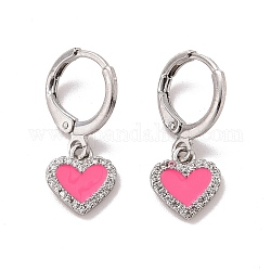 Boucles d'oreilles pendantes en forme de cœur avec zircone cubique transparente et émail rose, bijoux en laiton de placage de rack pour les femmes, sans cadmium et sans plomb, platine, 22.5mm, pin: 0.8 mm
