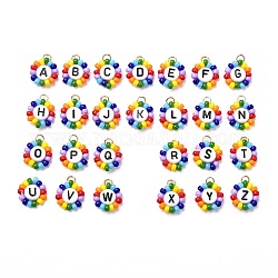 Pendentif perles rocailles rondes, perles de lettre de trou horizontal acryliques artisanales, fleur, colorées, 15x12.5x4mm, Trou: 2.8mm, 26 pièces / kit