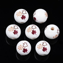 Perles en bois naturel imprimées sur le thème de l'automne, rond avec feuille d'érable, rouge foncé, 15.5x14.5mm, Trou: 4mm