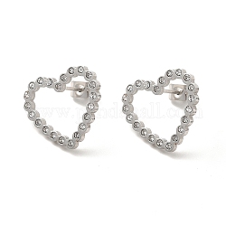 Boucles d'oreilles en forme de cœur avec strass en cristal, 304 bijoux en acier inoxydable pour femme, couleur inoxydable, 16x18x1.5mm, pin: 0.8 mm