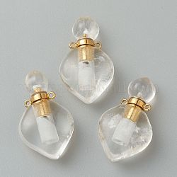 Pendentifs de cristal de quartz naturel, pendentifs en cristal de roche, avec les accessoires en laiton dorés, flacon de parfum ouvrable, 37x21x11mm, Trou: 1.5mm