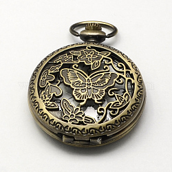 Старинные полые сплава цинка кварцевые часы головки для карманные часы кулон ожерелье материалы, плоские круглые с бабочкой, античная бронза, 59x46x16 мм, отверстие : 16x4 мм