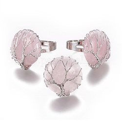 Rosa naturale anelli di barretta di quarzo regolabili, con i risultati in ottone tono platino, rotondo e piatto, formato 8, 18mm