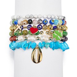 Ensemble de bracelets extensibles en perles de verre et pierres précieuses mélangées naturelles 6 pièces 6 styles, 304 bracelets empilables breloques coquillage & trèfle & coeur en acier inoxydable pour femme, couleur mixte, diamètre intérieur: 2-1/8 pouce (5.3 cm), 1pc / style