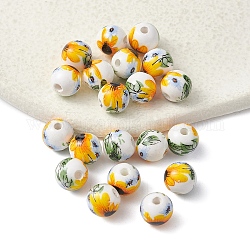 Manuell Porzellan Perlen, rund mit Sonnenblumenmuster, Gelb, 8 mm, Bohrung: 1.8 mm