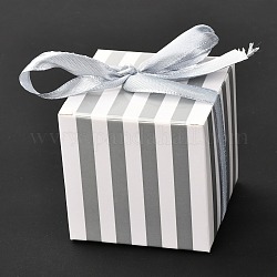 Scatola regalo di carta creativa pieghevole quadrata, motivo a righe con nastro, confezione regalo decorativa per matrimoni, argento, 55x55x55mm