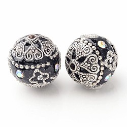 Round Handmade Grade A Rhinestone Indonesia Beads, with Alloy Platinum Metal Color Cores, Black, 20mm, Hole: 2mm