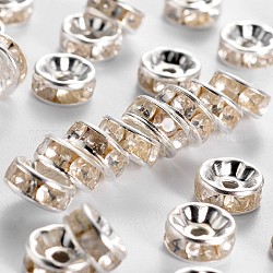 Iron Rhinestone Spacer Beads, Grade B, Straight Edge, Rondelle, Silver Color Plated, Clear, Size: about 7~8mm in diameter, 3.5mm thick, Hole: 2mm