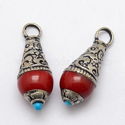 Pendenti a goccia in ottone, con resina imitazione pietre preziose e argento antico, rosso, 26~28x11mm, Foro: 4 mm