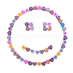 100Pcs Handmade Polymer Clay Beads, Heart with Flower Pattern, Mixed Color, 10x10.5x5mm, Hole: 2.5mm