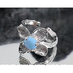 925 anelli aperti in argento sterling, disegno floreale irregolare intarsiato con anelli regolabili in pietra blu per donna, platino, 18.5mm, diametro interno: formato degli stati uniti 5 1/2 (16 mm)
