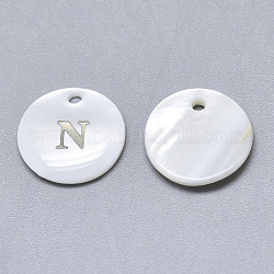Natürliche weiße Muschel Perlmutt Muschel Charms, mit Eisenaufkleber, flach rund mit Brief, letter.n, 13x2 mm, Bohrung: 1.5 mm