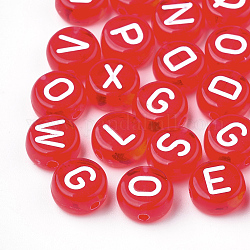 Transparente Acryl Perlen, horizontales Loch, gemischten Buchstaben, Flachrund, rot, 7x4 mm, Bohrung: 1.5 mm, ca. 3700 Stk. / 500 g