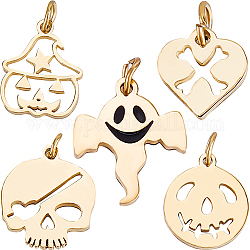 CREATCABIN 10Pcs 5 Style 316 Surgical & 304 Stainless Steel Enamel Charms, with Jump Rings, Laser Cut, Skull & Ghost & Heart with Bone, for Halloween, Real 14K Gold Plated, 8~12x8~10x1mm, Hole: 2.4~2.6mm, 2pcs/style
