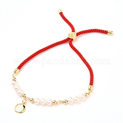 Bracelets réglables avec cordon en nylon, bracelets bolo, avec des perles de nacre naturelle, perles en laiton et breloques en laiton émaillé, plat rond, rouge, motif en étoile, diamètre intérieur: environ 2-1/4~3-1/2 pouce (5.7~9 cm)