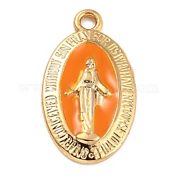 Alliage d'or pendentifs en émail, Plaqué longue durée, notre dame de la médaille miraculeuse, ovale, orange, 21x12x1.5mm, Trou: 1.7mm