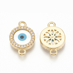 Brass Micro Pave Cubic Zirconia Links, Clear, with Shell, Flat Round with Evil Eye, Nickel Free, Real 18K Gold Plated, 17x11.5x2.5mm, Hole: 1.5mm