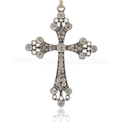 Gros pendentifs en alliage avec strass, clenchee croix latine, argent antique, cristal, 73x51x5mm, Trou: 3mm