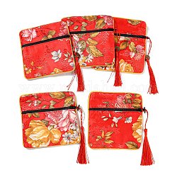 Мешочки на молнии из ткани в китайском стиле с цветочным узором для хранения ювелирных изделий, квадратный подарочный футляр для украшений с кисточкой, для браслетов, серьги, кольца, случайный образец, красные, 115x115x7 мм
