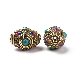 Handmade tibetischen Stil Perlen, mit Messingbeschlägen und synthetischem Türkis, Oval, Antik Golden, dunkles Cyan, 21.5x16 mm, Bohrung: 2 mm