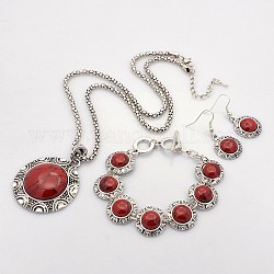 Flat Round Zinc Alloy Necklaces & Braceles & Earrings Sets, with Iron Chains and Synthetic Turquoise Pendants, Antique Silver, 19.6inch, 195 mm, 36mm, Pin: 0.5mm