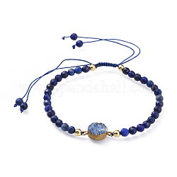 Adjustable Natural Lapis Lazuli(Dyed) Braided Bead Bracelets, with Natural Druzy Agate Links and Round Beads, Faceted, 2 inch(5cm)