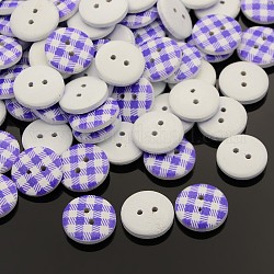 2-Hole Flat Round Tartan Pattern Printed Wooden Sewing Buttons, Dyed, Mauve, 13x4mm, Hole: 1mm