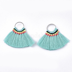 Polycotton(Polyester Cotton) Tassel Pendant Decorations, with Brass Findings, Fan, Platinum, Turquoise, 40~45x48~57x3mm, Hole: 13mm