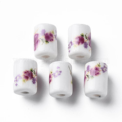 Abalorios de porcelana hechas a mano, famille estilo rosa, columna con diseño de flores, orquídea oscura, 12.5x8.5mm, agujero: 3 mm