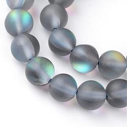 Pietre moon sintetiche perline fili, perle olografiche, tinto, smerigliato, tondo, grigio, 8mm, Foro: 1 mm, circa 45~47pcs/filo, 14~15 pollice