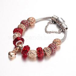 Aleación de rhinestone de perlas pulseras europeas, de abalorios de vidrio y cadena de latón, rojo, 190mm
