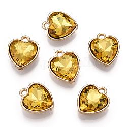 Pendenti in vetro sfaccettato con strass, con risultati in lega di zinco color oro, charms cuore, goldenrod, 16.5x14x6.5mm, Foro: 1.6 mm