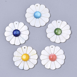 Natural Freshwater Shell Pendants, Dyed, Flower, Mixed Color, 30x5~6mm, Hole: 1.2mm