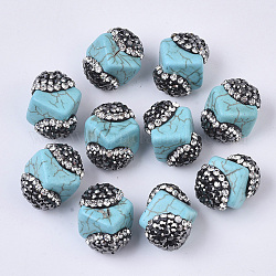 Perles de turquoise synthétique, avec argile polymère strass, cube, turquoise, 17x15x13.5mm, Trou: 1mm, pp12 (1.8~1.9mm)