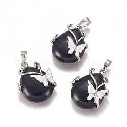 Pendentifs en obsidienne noire naturelles, avec des accessoires en émail et en laiton, larme, avec le papillon, platine, 30x23.5x12mm, Trou: 10x6mm