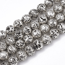 Electroplated Natural Lava Rock Beads Strands, Round, Bumpy, Dark Gray, 8~8.5mm, Hole: 1mm, about 46pcs/strand, 14.5 inch