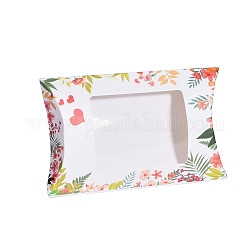 Kissenbezüge aus Papier, Geschenkbonbon-Verpackungsbox, mit klarem Fenster, Blumenmuster, weiß, 12.5x8x2.2 cm