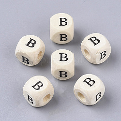 Perles de bois naturel imprimées, trou horizontal, cube avec la lettre initiale, papayawhip, letter.b, 10x10x10mm, Trou: 3.5mm